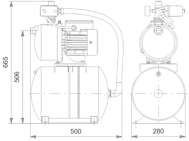 Схема габаритов насосной установки Grundfos HYDROJET JP 5 /24 Схема габаритов насосной установки Grundfos HYDROJET JP 5 /24