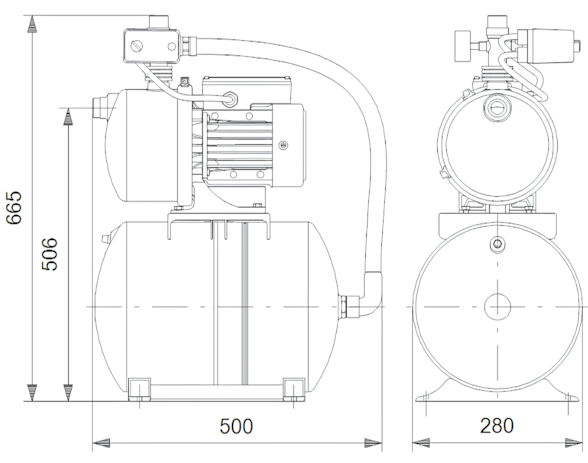 Схема габаритов насосной установки Grundfos HYDROJET JP 6 / 24 Схема габаритов насосной установки Grundfos HYDROJET JP 6 / 24