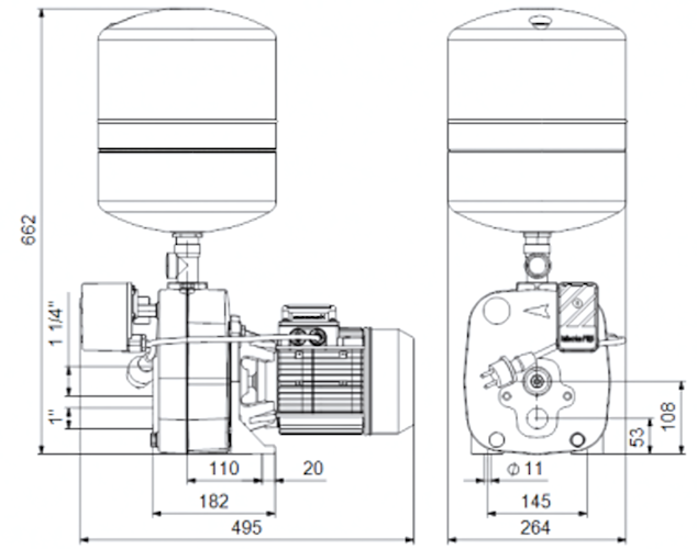 Схема габаритов насосной установки Grundfos JPD 5-61 PT-V Схема габаритов насосной установки Grundfos JPD 5-61 PT-V