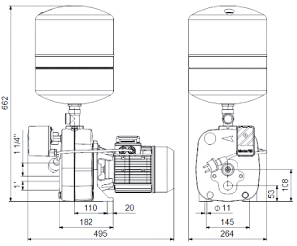 Схема габаритов насосной установки Grundfos JPD 8-62 PT-V Схема габаритов насосной установки Grundfos JPD 8-62 PT-V