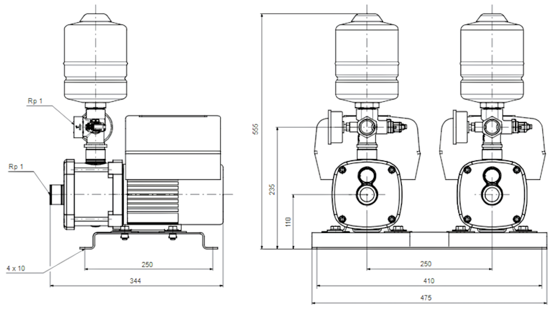 Схема габаритов насосной установки Grundfos CMBE TWIN 3-62 Схема габаритов насосной установки Grundfos CMBE TWIN 3-62