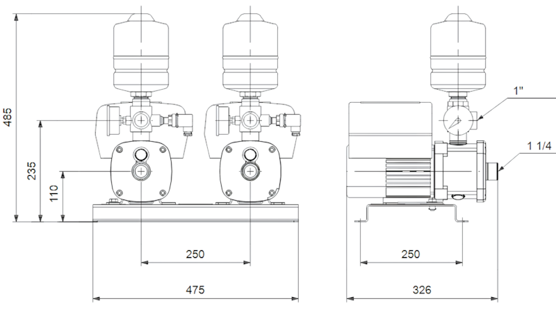 Схема габаритов насосной установки Grundfos CMBE TWIN 5-31 Схема габаритов насосной установки Grundfos CMBE TWIN 5-31