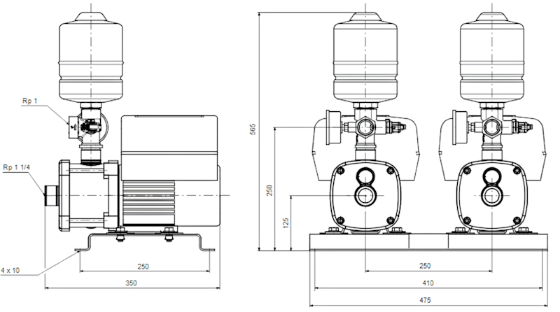 Схема габаритов насосной установки Grundfos CMBE TWIN 5-62 Схема габаритов насосной установки Grundfos CMBE TWIN 5-62