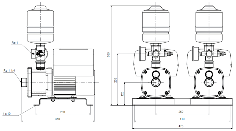 Схема габаритов насосной установки Grundfos CMBE TWIN 5-62 с клеммной колодкой Схема габаритов насосной установки Grundfos CMBE TWIN 5-62 с клеммной колодкой