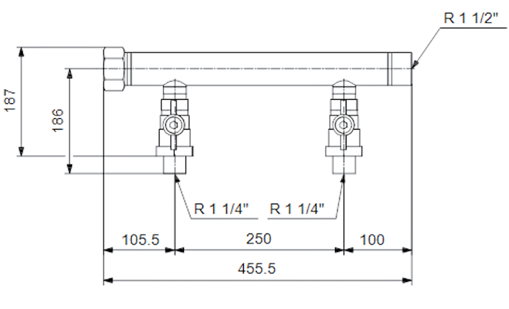 Схема габаритов насосной установки Grundfos CMBE TWIN 1” 1/4 Схема габаритов насосной установки Grundfos CMBE TWIN 1” 1/4