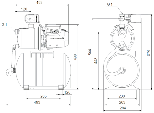 Схема габаритов насосной установки Grundfos JP 3-42 PT-H Схема габаритов насосной установки Grundfos JP 3-42 PT-H