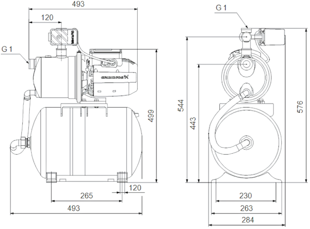 Схема габаритов насосной установки Grundfos JP 4-47 PT-H Схема габаритов насосной установки Grundfos JP 4-47 PT-H