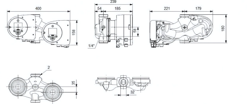 Габаритные размеры циркуляционного насоса Грундфос MAGNA3 D 32-40 Габаритные размеры циркуляционного насоса Грундфос MAGNA3 D 32-40