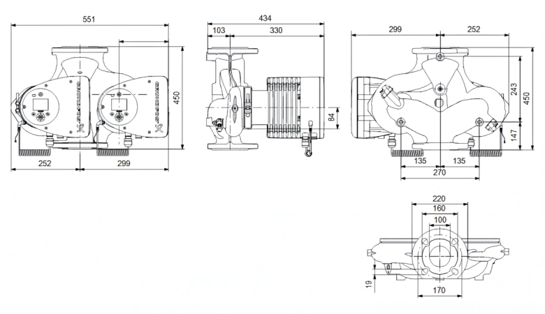 Габаритные размеры циркуляционного насоса Грундфос MAGNA3 D 100-40 F 450 1x230V PN6 Габаритные размеры циркуляционного насоса Грундфос MAGNA3 D 100-40 F 450 1x230V PN6