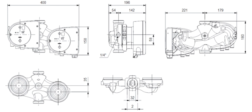 Габаритные размеры циркуляционного насоса Грундфос MAGNA1 D 32-100 180 Габаритные размеры циркуляционного насоса Грундфос MAGNA1 D 32-100 180