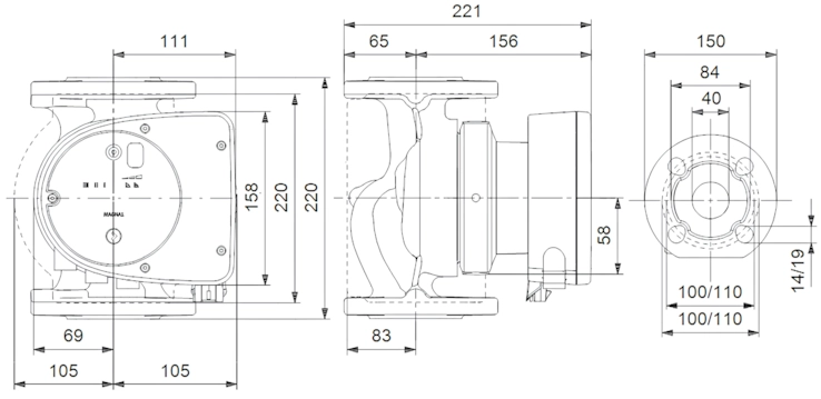 Габаритные размеры циркуляционного насоса Грундфос MAGNA1 40-40 F 220 Габаритные размеры циркуляционного насоса Грундфос MAGNA1 40-40 F 220
