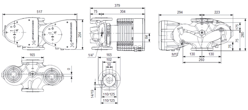 Габаритные размеры циркуляционного насоса Грундфос MAGNA1 D 50-120 F 280 Габаритные размеры циркуляционного насоса Грундфос MAGNA1 D 50-120 F 280