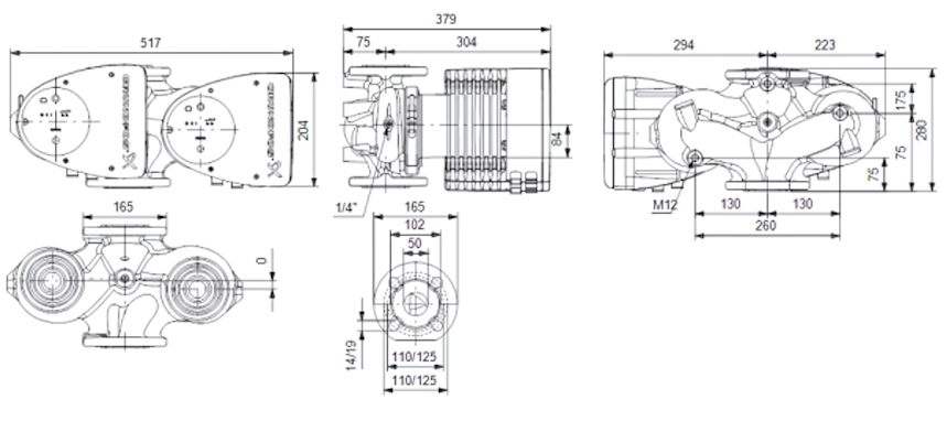 Габаритные размеры циркуляционного насоса Грундфос MAGNA1 D 50-180 F 280 Габаритные размеры циркуляционного насоса Грундфос MAGNA1 D 50-180 F 280