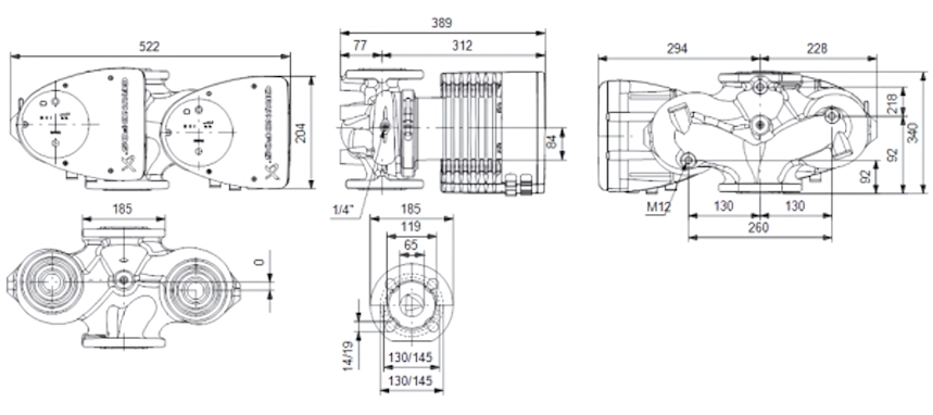 Габаритные размеры циркуляционного насоса Грундфос MAGNA1 D 65-60 F 340 Габаритные размеры циркуляционного насоса Грундфос MAGNA1 D 65-60 F 340