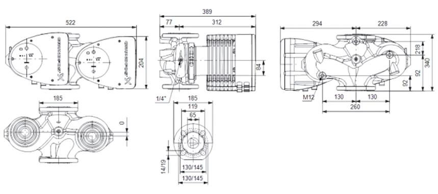 Габаритные размеры циркуляционного насоса Грундфос MAGNA1 D 65-80 F 340 Габаритные размеры циркуляционного насоса Грундфос MAGNA1 D 65-80 F 340