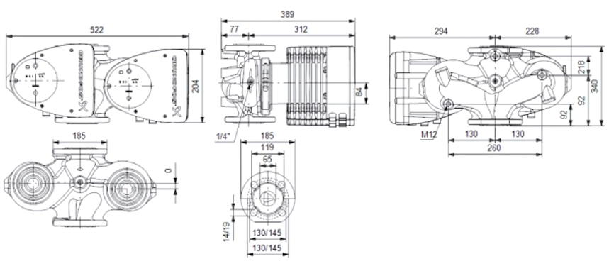 Габаритные размеры циркуляционного насоса Грундфос MAGNA1 D 65-100 F 340 Габаритные размеры циркуляционного насоса Грундфос MAGNA1 D 65-100 F 340