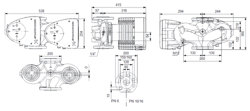 Габаритные размеры циркуляционного насоса Грундфос MAGNA1 D 80-60 F 360 Габаритные размеры циркуляционного насоса Грундфос MAGNA1 D 80-60 F 360