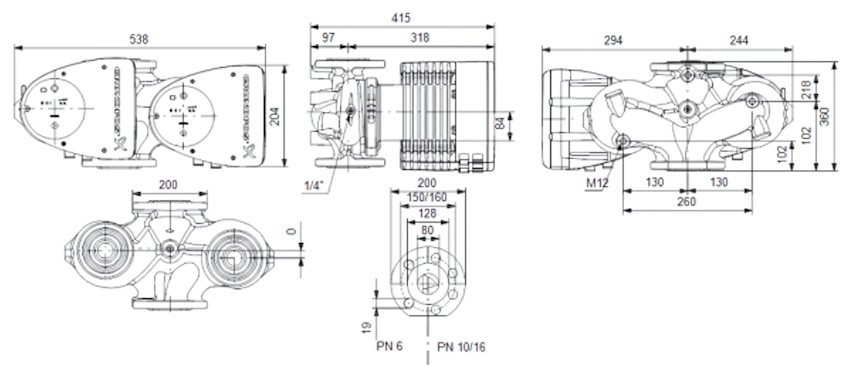 Габаритные размеры циркуляционного насоса Грундфос MAGNA1 D 80-80 F 360 Габаритные размеры циркуляционного насоса Грундфос MAGNA1 D 80-80 F 360