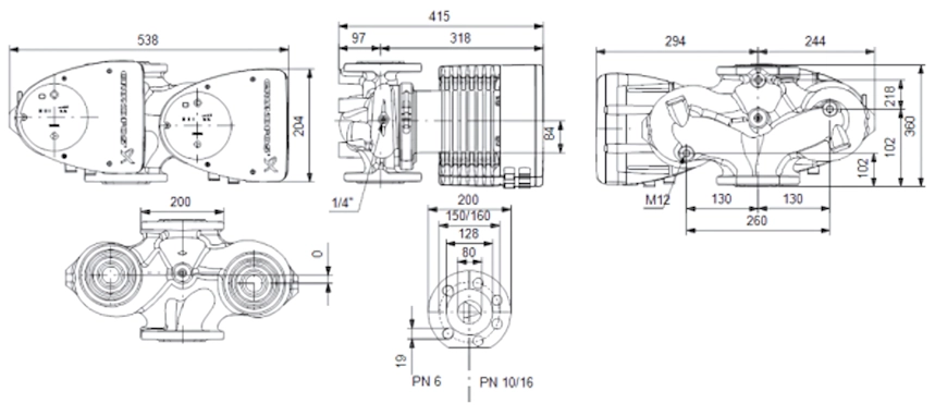 Габаритные размеры циркуляционного насоса Грундфос MAGNA1 D 80-100 F 360 Габаритные размеры циркуляционного насоса Грундфос MAGNA1 D 80-100 F 360