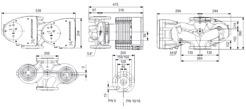 Габаритные размеры циркуляционного насоса Грундфос MAGNA1 D 80-120 F 360 Габаритные размеры циркуляционного насоса Грундфос MAGNA1 D 80-120 F 360