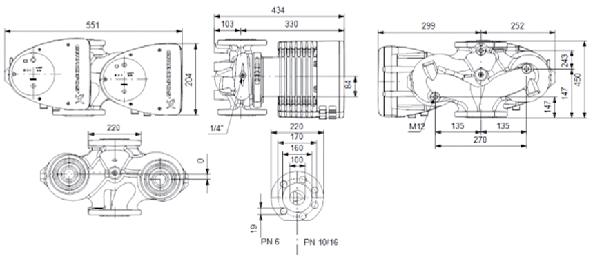 Габаритные размеры циркуляционного насоса Грундфос MAGNA1 D 100-60 F 450 Габаритные размеры циркуляционного насоса Грундфос MAGNA1 D 100-60 F 450