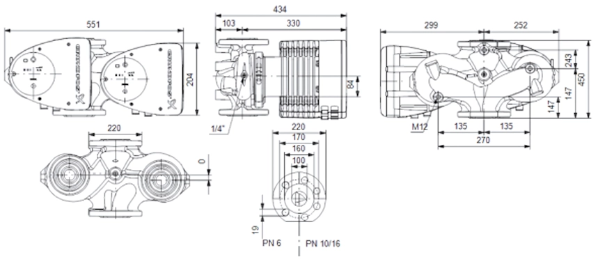 Габаритные размеры циркуляционного насоса Грундфос MAGNA1 D 100-80 F 450 Габаритные размеры циркуляционного насоса Грундфос MAGNA1 D 100-80 F 450