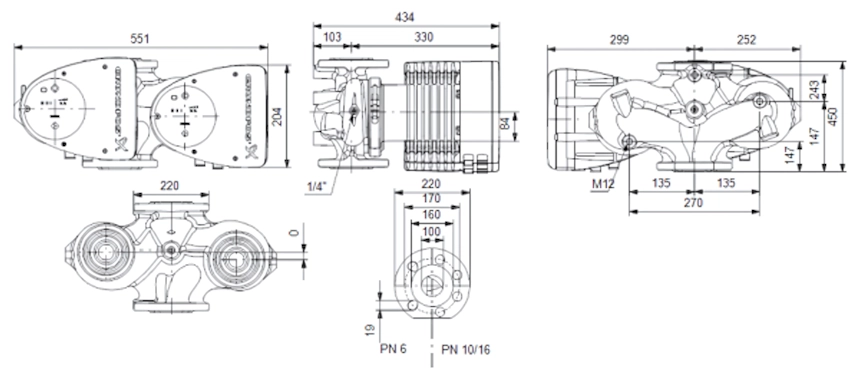 Габаритные размеры циркуляционного насоса Грундфос MAGNA1 D 100-100 F 450 Габаритные размеры циркуляционного насоса Грундфос MAGNA1 D 100-100 F 450