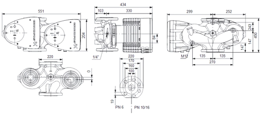 Габаритные размеры циркуляционного насоса Грундфос MAGNA1 D 100-120 F 450 Габаритные размеры циркуляционного насоса Грундфос MAGNA1 D 100-120 F 450