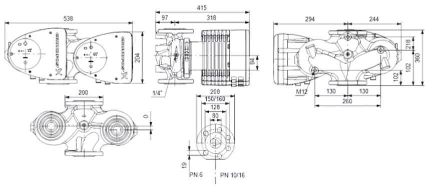Габаритные размеры циркуляционного насоса Грундфос MAGNA1 D 80-40 F 360 Габаритные размеры циркуляционного насоса Грундфос MAGNA1 D 80-40 F 360